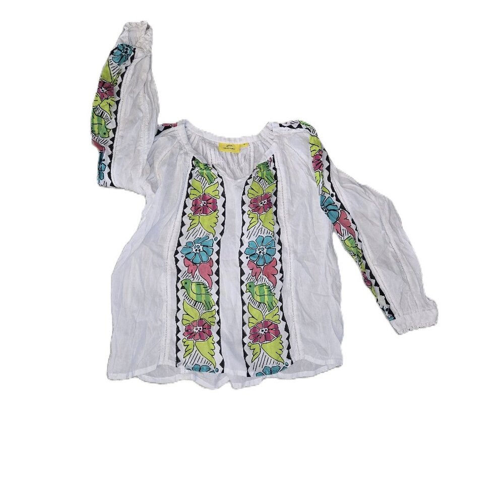 White and Colorful Bird Design Roberta Roller Rabbit Blouse